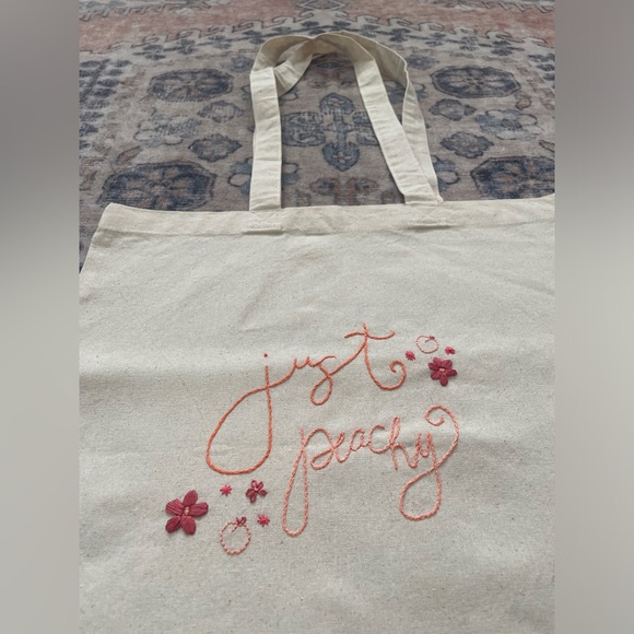 Hand Embroidered Peach ‘Just Peachy’ Tan Canvas On The Go Tote Bag - Picture 2 of 5